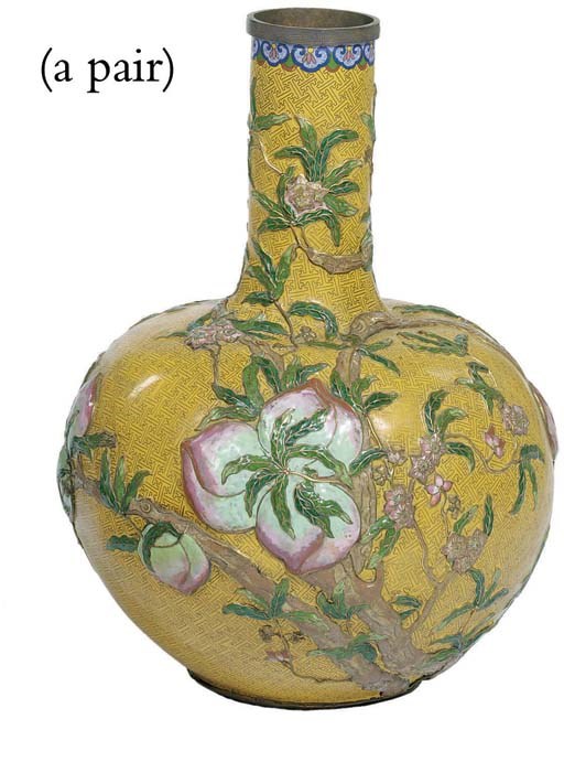 A PAIR OF LARGE CHINESE CLOISONNE ENAMEL 'NINE PEACH' BOTTLE VASES
