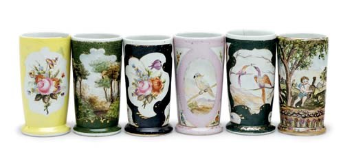 A GROUP OF SIX CONTINENTAL POTTERY PAINTED BEAKERS AND A JACOB PETIT PARTIAL SCENT-BOTTLE AND A STOPPER