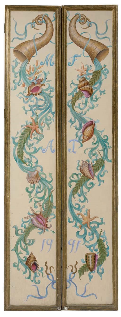 A PAIR OF MODERN POLYCHROME-PAINTED DOOR PANELS