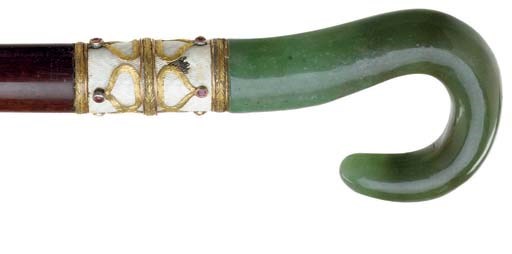 A FRENCH JADE ENAMEL AND STONE MOUNTED MAHOGANY WALKING STICK