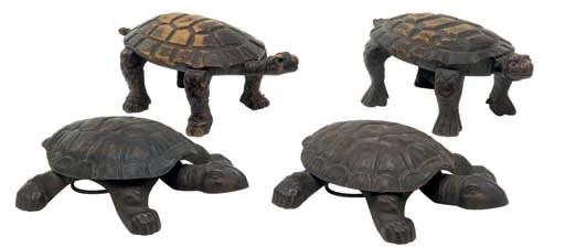 TWO PAIRS OF CARVED AND STAINED HARDWOOD TURTLES