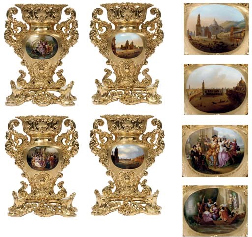 A GARNITURE OF FOUR JACOB PETIT PORCELAIN GOLD-GROUND NEO-ROCOCO TOPOGRAPHICAL VASES AND STANDS