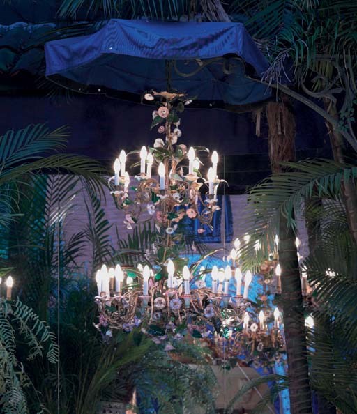 A CONTINENTAL GILT-METAL AND COLORED GLASS THIRTY-LIGHT CHANDELIER