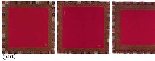 FOUR SIMILAR PAISLEY SHAWLS MOUNTED TO FRAMES 	 (4)