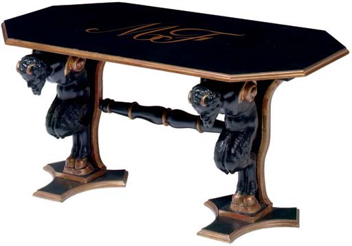 A MODERN BLACK-PAINTED AND PARCEL-GILT LOW TABLE