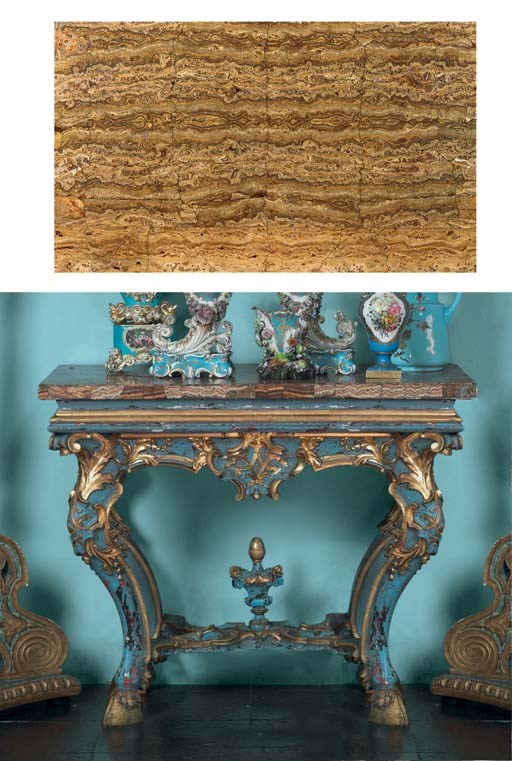 AN ITALIAN BLUE-PAINTED AND PARCEL-GILT CONSOLE