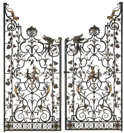 A PAIR OF SILVERED, GILT-METAL AND WROUGHT IRON GATES