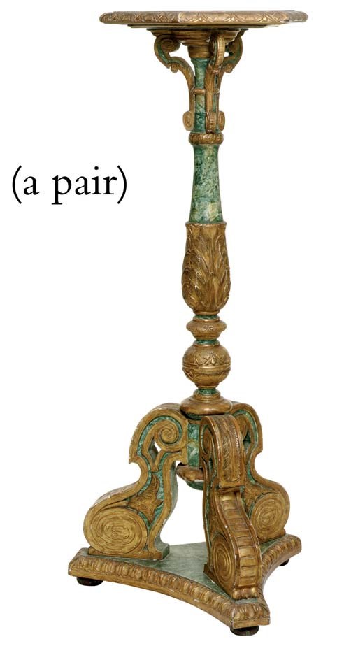 A PAIR OF SOUTH EUROPEAN FAUX MARBLE AND PARCEL-GILT TORCHERES
