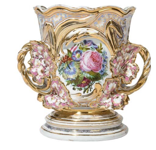 A FRENCH PORCELAIN ROCOCO REVIVAL TWO-HANDLED PALE-BLUE AND PINK GROUND JARDINIERE AND STAND