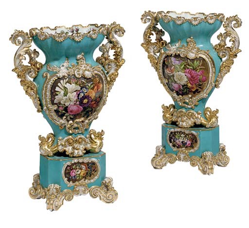 A PAIR OF JACOB PETIT PORCELAIN NEO-ROCOCO TURQUOISE-GROUND VASES ON STANDS