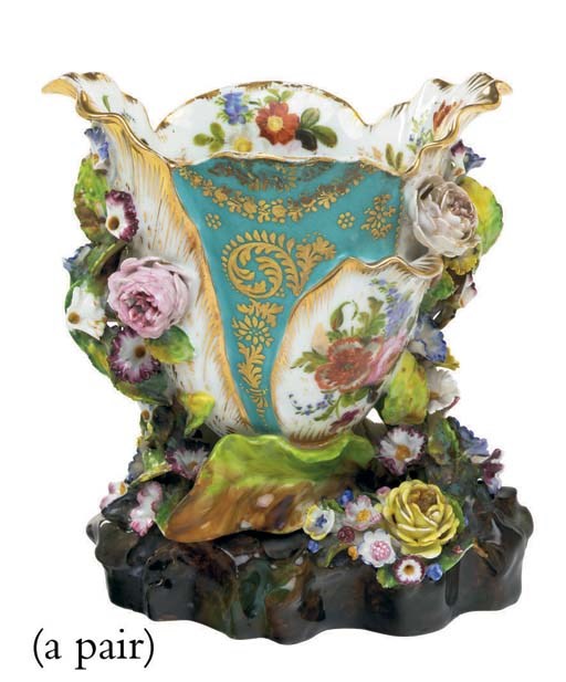 A JACOB PETIT PORCELAIN FLOWER-ENCRUSTED VASE AND A PAIR OF SCENT-BOTTLES AND TWO STOPPERS