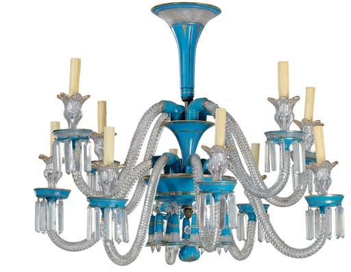 A French parcel-gilt, turquoise-painted and clear cut glass ten-light chandelier