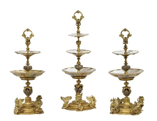 A GARNITURE OF THREE JACOB PETIT GREEN-GROUND ARMORIAL PORCELAIN ORMOLU AND SILVERED BRONZE-MOUNTED TIERED DESSERT STANDS