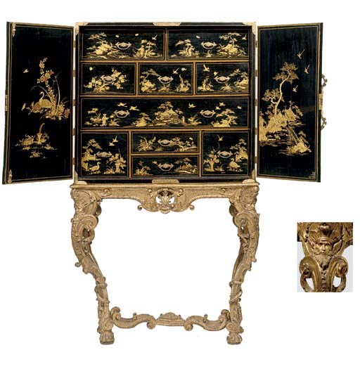A REGENCE BLACK, GILT AND POLYCHROME-JAPANNED CABINET-ON-GILTWOOD STAND