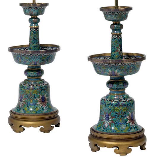 A PAIR OF CHINESE CLOISONNE ENAMEL CANDLESTICKS MOUNTED AS LAMPS