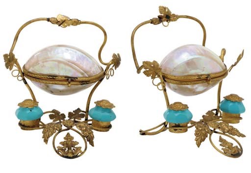 A pair of Napoleon III gilt-metal and turquoise-painted glass ink-stands