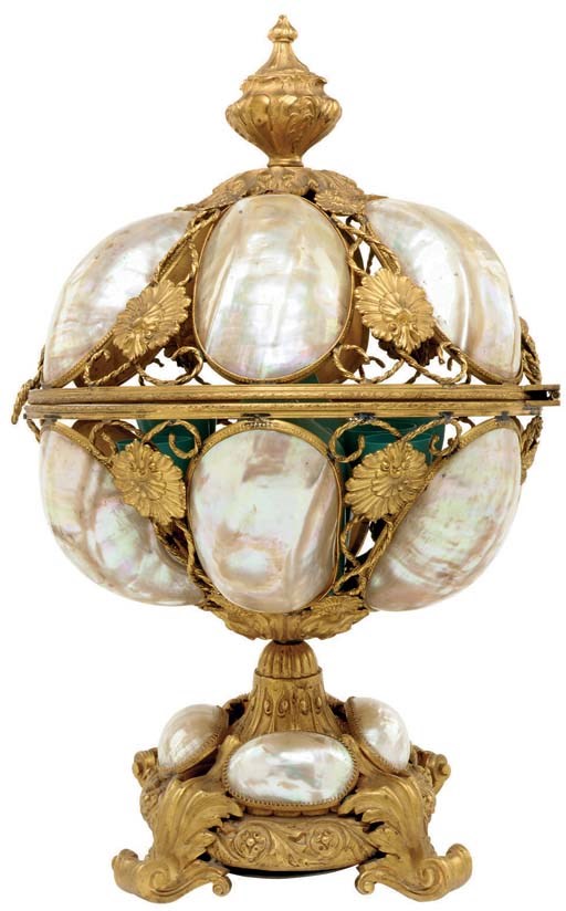A Napoleon III gilt-metal, shell and turquoise-painted etched glass liqueur casket