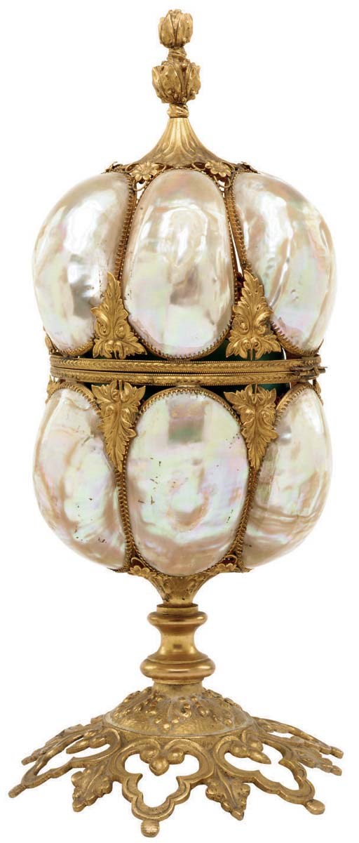 A Napoleon III gilt-metal, shell and turquoise-painted glass etui