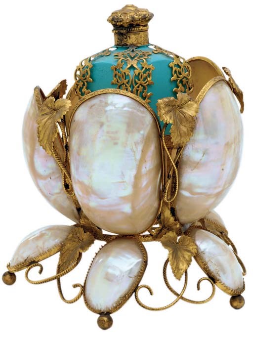 A Napoleon III ormolu, shell and turquoise-painted glass etui