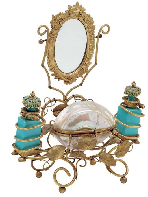 A Napoleon III gilt-metal, shell and turquoise-painted glass dressing-table stand