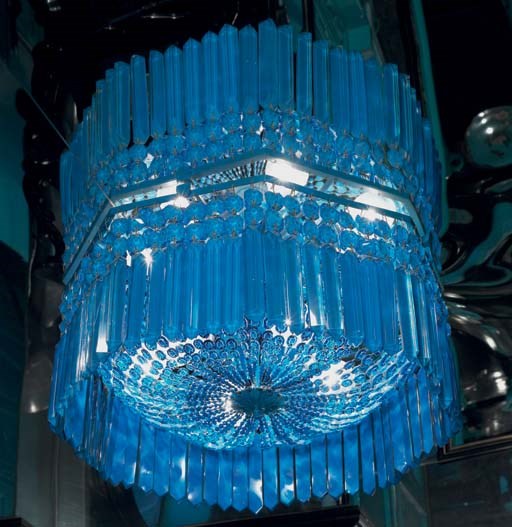 A TURQUOISE-PAINTED CRYSTAL EIGHT LIGHT HANGING LAMP