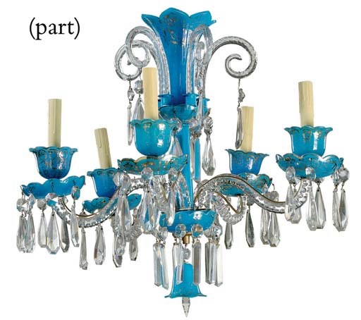 TWO SIMILAR CRYSTAL AND TURQUOISE GLASS CHANDELIERS