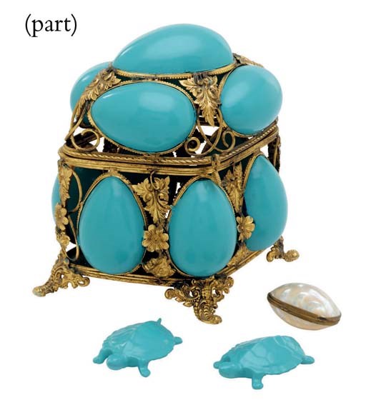 FOUR FRENCH GILT-METAL AND TURQUOISE-PAINTED GLASS ETUI
