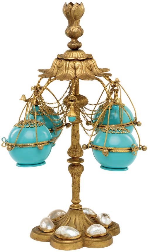 A Napoleon III gilt-metal, shell and turquoise-painted glass bonbon stand