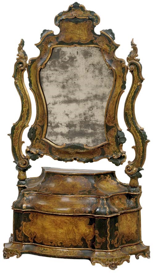 A VENETIAN POLYCHROME-PAINTED AND PARCEL-GILT DRESSING MIRROR