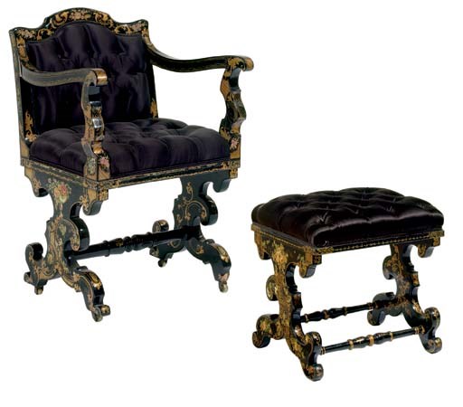 AN ENGLISH BLACK-PAINTED, PARCEL-GILT AND MOTHER-OF-PEARL INSET ARMCHAIR