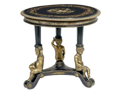 A Napoleon III gilt-metal-mounted parcel-gilt and mother-of-pearl-inlaid ebonized gueridon