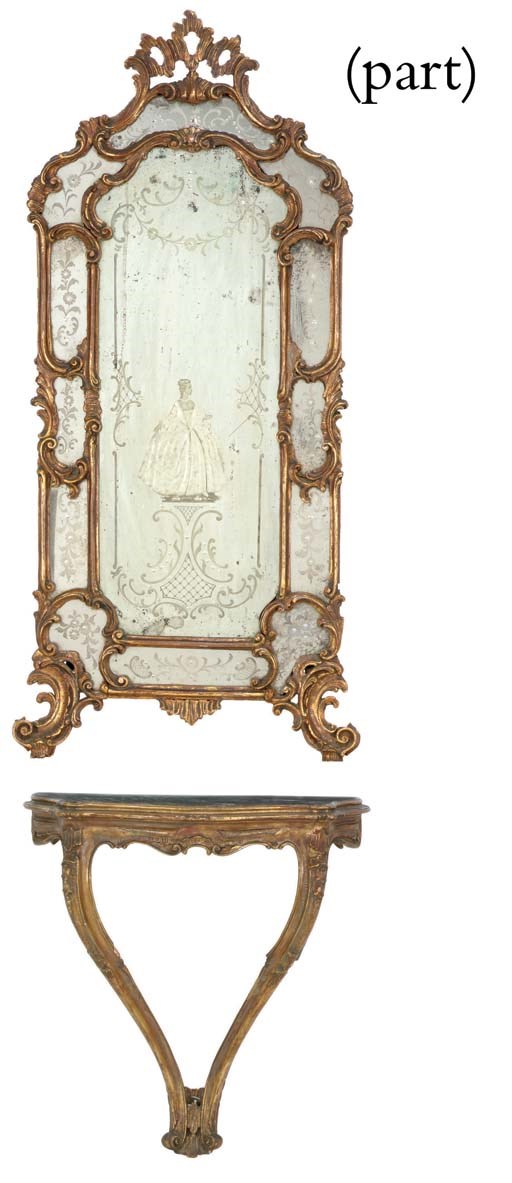 A pair of Louis XV style giltwood petits consoles and mirrors