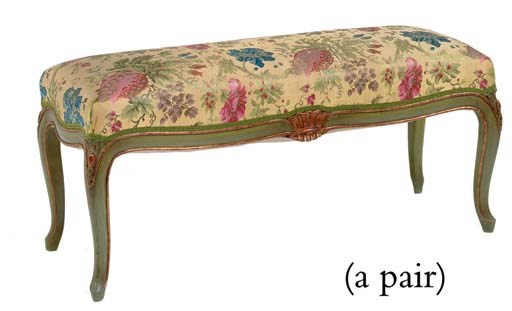 A PAIR OF FRENCH GREEN-PAINTED AND PARCEL GILT BANQUETTES