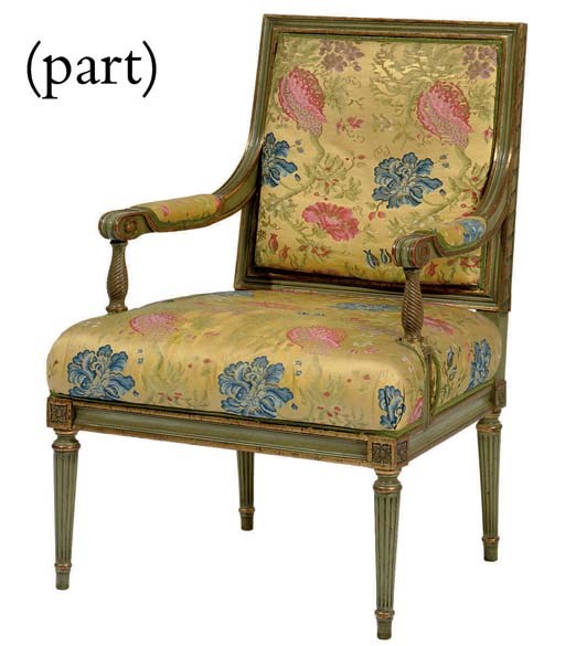 A SET OF FOUR FRENCH GREEN-PAINTED AND PARCEL-GILT FAUTEUILS