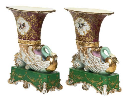 A PAIR OF JACOB PETIT PORCELAIN VASES ON FIXED STANDS, A PAIR OF JACOB PETIT BOUGH-POTS AND COVERS, AND A PARIS BREAKFAST CUP AND SAUCER