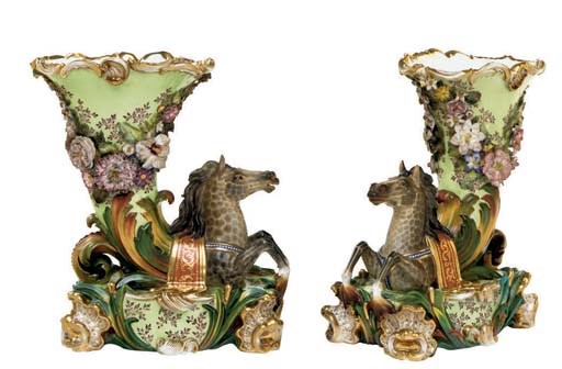 A PAIR OF JACOB PETIT STYLE PORCELAIN FLOWER-ENCRUSTED APPLE-GREEN GROUND VASES ON FIXED STANDS