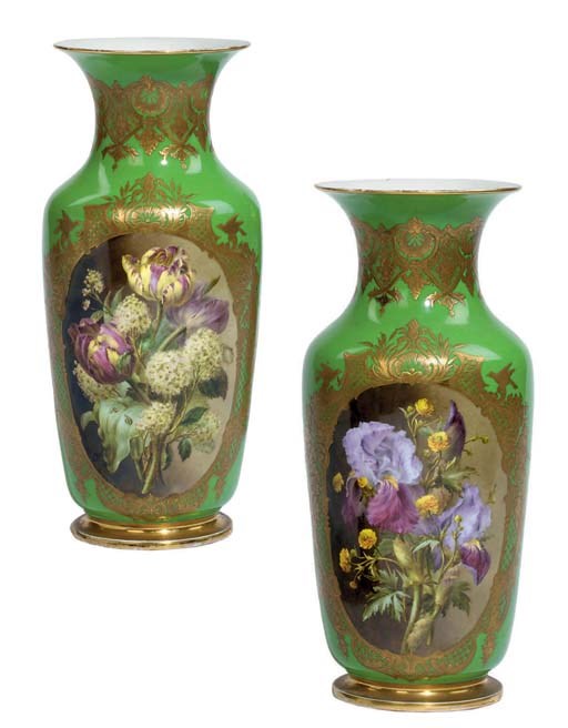 A PAIR OF FRENCH (FEUILLET) PORCELAIN APPLE-GREEN GROUND VASES