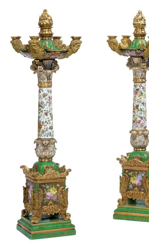 A PAIR OF JACOB PETIT PORCELAIN APPLE-GREEN GROUND FOUR-LIGHT CANDELABRA ON FIXED STANDS
