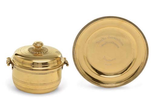 A FRENCH SILVER-GILT TUREEN ON STAND OF HORSE RACING INTEREST