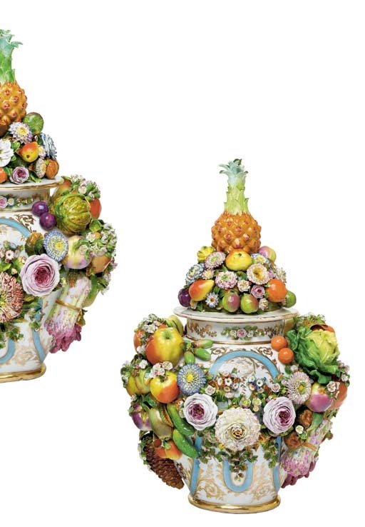 A PAIR OF MASSIVE JACOB PETIT PORCELAIN FRUIT, VEGETABLE AND FLOWER-ENCRUSTED VASES AND COVERS