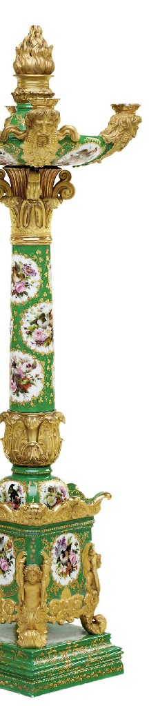 A PAIR OF JACOB PETIT PORCELAIN APPLE-GREEN GROUND FOUR-LIGHT CANDELABRA ON FIXED STANDS