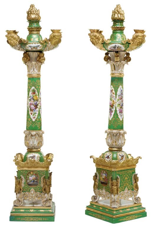 A PAIR OF JACOB PETIT PORCELAIN APPLE-GREEN GROUND FOUR-LIGHT CANDELABRA ON FIXED STANDS