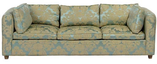 A PERSIAN BLUE AND GOLD DAMASK-UPHOLSTERED SOFA