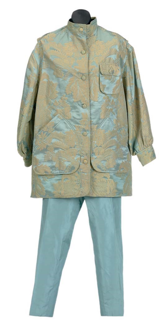 A PERSIAN BLUE AND GOLD DAMASK TWO-PIECE ENSEMBLE