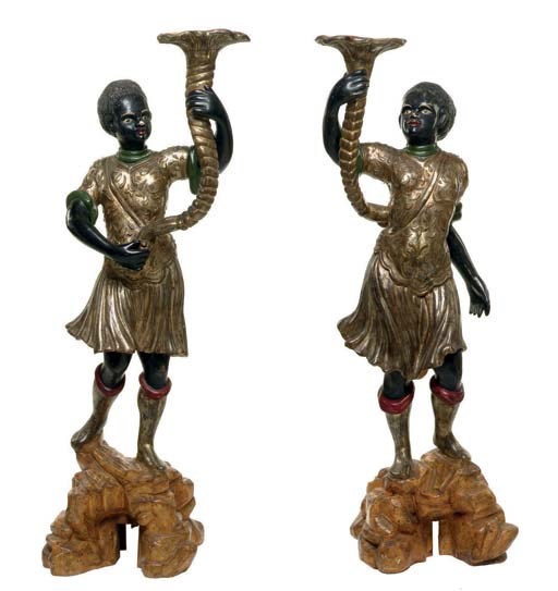A PAIR OF VENETIAN PARCEL-GILT, POLYCHROME-DECORATED AND EBONISED BLACKAMOOR TORCHERES