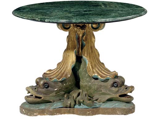 A pair of Continental parcel-gilt and polychrome-decorated centre-tables