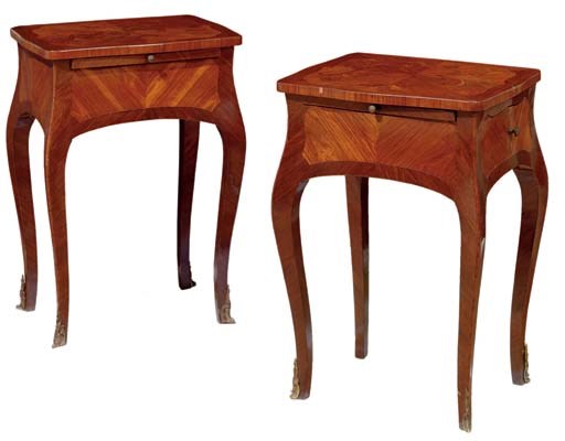 A pair of Louis XV style kingwood, tulipwood and marquetry occasional tables