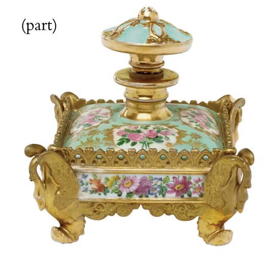 A JACOB PETIT PORCELAIN PALE-BLUE GROUND SCENT-BOTTLE AND STOPPER AND BREAKFAST CUP, COVER AND STAND