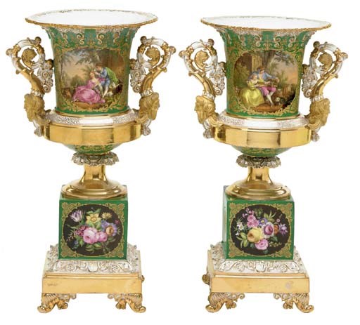 A PAIR OF JACOB PETIT PORCELAIN GREEN-GROUND TWO-HANDLED VASES