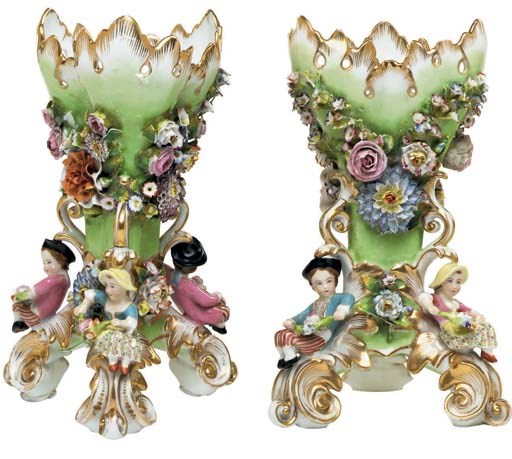 A PAIR OF JACOB PETIT PORCELAIN APPLE-GREEN GROUND FLOWER-ENCRUSTED VASES